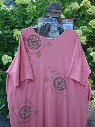 Barclay Naiad Dress Medallion Glow Size 2: A pink shirt on a swinger with a pattern, featuring a circular design on a pink surface.