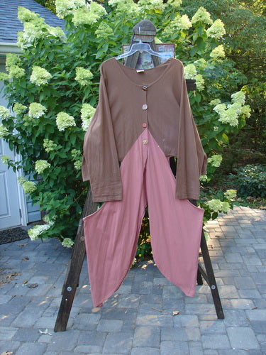 Barclay Calligrapher's Jacket in Brown and Mauve, size 2, on a clothes swinger. Unique shape with long dippy sides and open hips. Can be worn open or buttoned, with a deep V neckline and four-button front. Unpainted in a striking two-tone contrast.