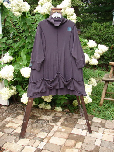 A Barclay Patched Thermal Quad Drop Pocket Tunic Dress in Plum, size 2. Features include a double layered flop turtleneck, widening lower hem with four drop pockets, and whimsical nature-themed patches. Bust 54, Waist 56, Hips 60. Front Length 35, Back Length 40.