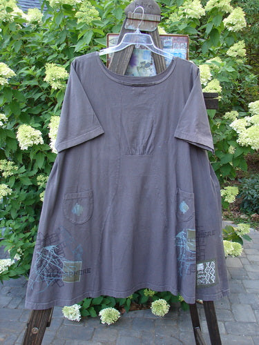 2000 Cafe Dress Directional Iron Size 2: Grey shirt on a swinger with a clothes rack. A-line shape, front gathered pocket, swing and flair.