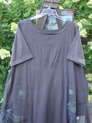 2000 Cafe Dress Directional Iron Size 2: Grey shirt on a swinger with a front gathered painted pocket. A-line shape with swing and flair.