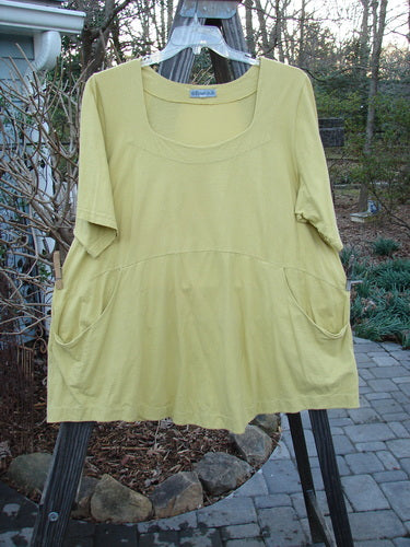 A yellow Barclay Be There Top, size 2, made from organic cotton. Features include a squared double paneled deeper neckline, empire waist seam, wide full pleats, and a forever skirt flair. Bust 54, waist 56, hips 60, hem circumference 80, length 32.