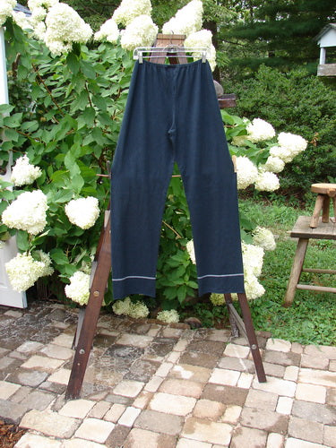 Barclay Cotton Hemp Banded Straight Pant Unpainted Black Size 2: A pair of pants on a clothes rack, made from a lighter weight cotton hemp blend. Features include a full elastic waistband and slightly widening lowers with contrasting stitchery. Waist 30-40, Hips 50, Inseam 30, Length 44.