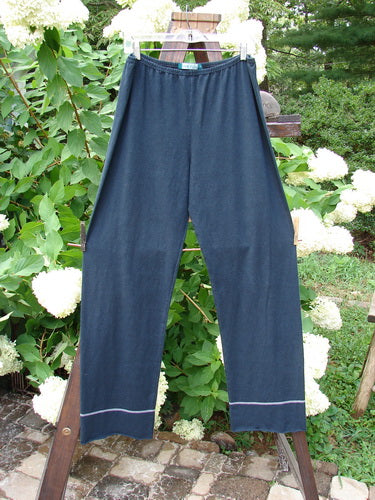 Barclay Cotton Hemp Banded Straight Pant Unpainted Black Size 2: A pair of pants on a clothesline, made from a lighter weight cotton hemp blend. Features include a full elastic waistband, extra long inseam, and exterior contrasting stitchery. Waist: 30-40, Hips: 50, Inseam: 30, Length: 44.