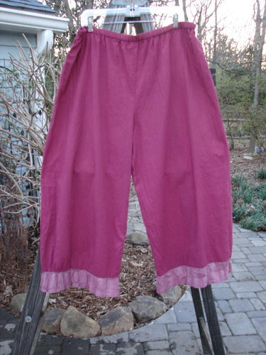 A pair of Barclay Batiste Carousel Flutter Pants in Deep Peony Stripe, size 2, on a rack. Slightly cropped with super stripe ruffle lowers, full elastic waistline, and a wide flowy shape. Perfect for spring or summer!