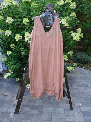 1997 Gauze Rosette Slip Dress Drift Daisy Rose Shadow Size 2: A dress on a wooden ladder, with shortened shoulder straps and a scalloped hem. Made from double-layered cotton gauze with silk rainbow ribbon edging. Varying gathered and draped hemline. Light as air, sways with the breeze.