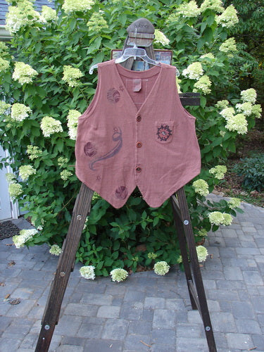 1995 Drawing Room Vest Windy Planet Clove OSFA: A vest with a lizard design on it, featuring a ceramic button front, tailored drawcord back, and a front pocket.