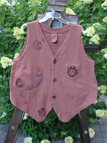 1995 Drawing Room Vest Windy Planet Clove OSFA: A vest with a ceramic button front, tailored drawcord back, and a sweet front pocket. Made from reprocessed cotton.