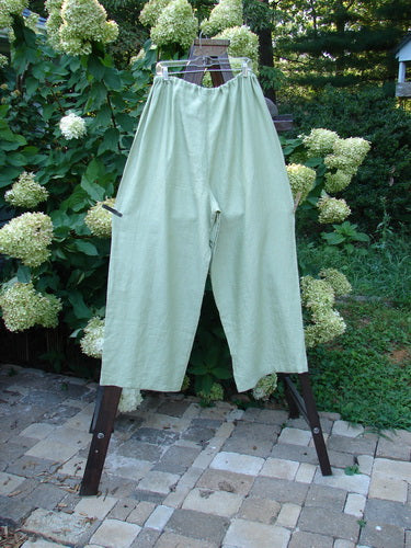 Image: A pair of pants on a rack. The pants are made from Cross Dye Linen in Celery color. They have a full elastic waist, deep cargo pockets, and a unique design with an upper thigh panel, widening lowers, and a slightly longer length. These pants are part of the 2000 Cross Dye Linen Map Pocket Pant collection, available in Size 2. Perfect for fishers who appreciate the softness and sway of superior linens.