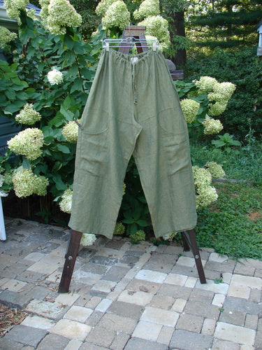 Image alt text: "2000 Cross Dye Linen Map Pocket Pant in Meadow, Size 2, hanging on a clothesline"