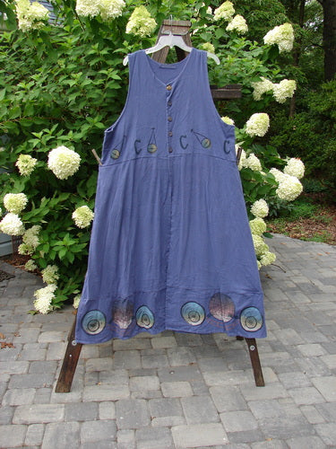 1998 Azoth Vest Mystic Continuous Earth Orion OSFA: A blue dress with a cherry design on it, featuring a double paneled bodice, banded hemline, and vintage button.