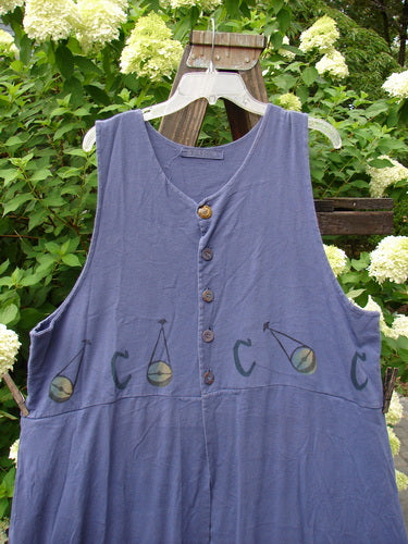 Image alt text: "1998 Azoth Vest Mystic Continuous Earth Orion OSFA: Blue overall with logo, double paneled bodice, banded hemline, vintage button, oversized side pockets, sweeping hemline, signature patch, and earth theme paint."