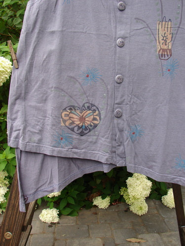 1996 Seeker's Vest Heart Mulberry OSFA: A close-up of a shirt with an A-line shape, deep V neckline, and abstract heart theme paint.