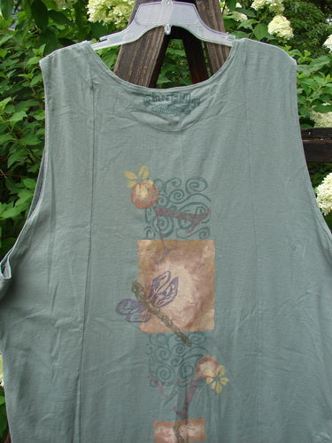 1994 Cricket Vest Dragonfly Garden Seaweed Size 2: A grey tank top featuring a dragonfly design. Perfect condition, made from medium weight cotton. Unique vintage piece from Blue Fish Clothing's Summer Collection.