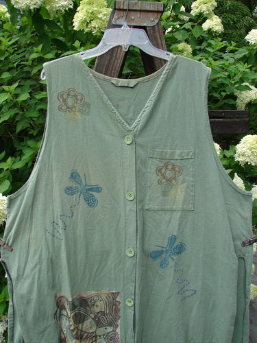1995 Breeze Vest Water Can Dinette Green OSFA: A green vest with dragonflies, flowers, and a water can theme painted on it.