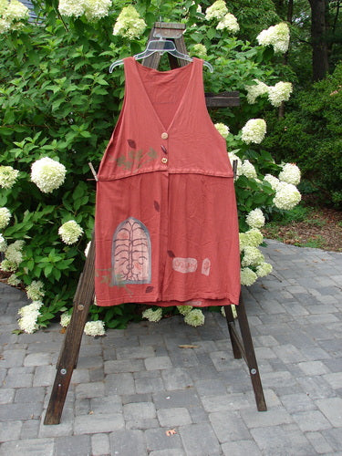 1993 Little Tree Vest Falling Leaf Red Oro OSFA: A red dress on a rack, featuring a unique snap-on, snap-off lower panel creating a crop vest. Shimmering harvest theme paint, vintage buttons, and a deep V neckline. Bust 44, waist 46, hips 48, length 40 inches snapped, 18 inches unsnapped.