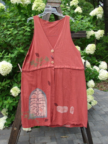 1993 Little Tree Vest Falling Leaf Red Oro OSFA: A red dress with a painted leaf design, featuring a deep V neckline and empire waistline. Perfect condition, made from mid-weight cotton.
