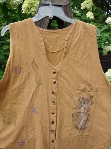 1994 Pen Pocket Vest Garden Bee Dijon Size 2: A brown vest with a drawing of a bee tattoo and a painted pocket.