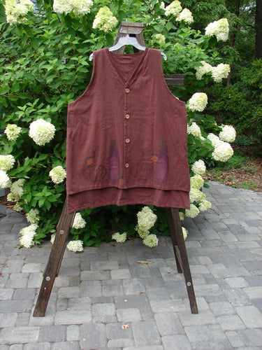 1998 Basil Vest with bountiful harvest theme, made from heavy double-layered cotton jersey. Features include a ribbed V-neck, original shell-like buttons, and a signature patch. Bust 52, waist 54, hips 58.
