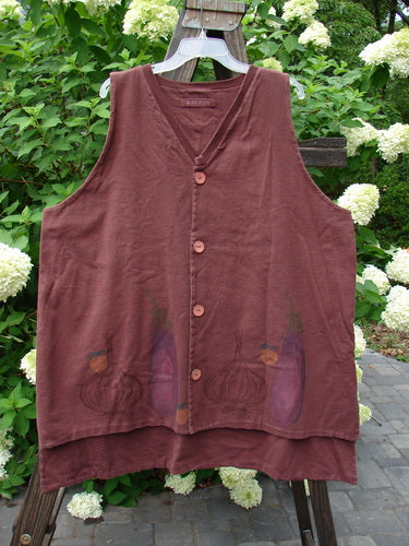 Image alt text: 1998 Basil Vest with bountiful harvest theme, featuring vegetables and eggplant on a brown background.