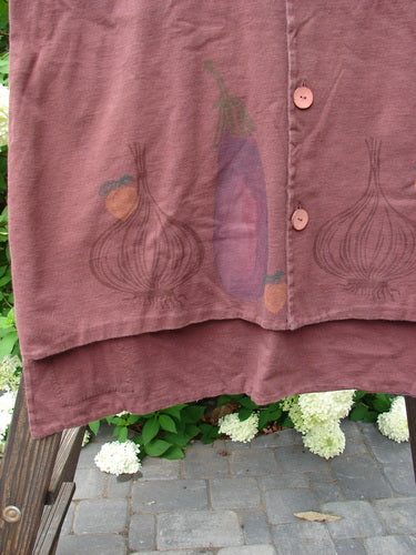 1998 Basil Vest with bountiful harvest theme, made from heavy cotton jersey. A-line shape, V-neck, original blue fish buttons.