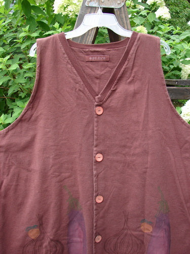 1998 Basil Vest Bountiful Harvest Peat OSFA: A shirt on a hanger, featuring a deeper V-neck, blue fish buttons, and a signature patch.
