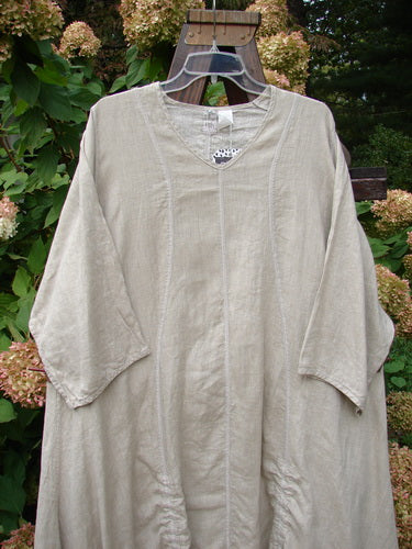 Barclay NWT Linen Shimmer Venetian Tunic Dress Unpainted Sand Shell Size 2: Beige tunic with S-shaped seams, pinched lower sleeves, and soft curves. Generous elongating shape, wider hip and hemline sweep. Double draw cords, soft metallic threads, and a suggestive light-catching shimmer.