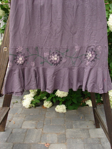 1996 Spring Laughter Skirt: Purple dress on rack, vine blossom design, organic cotton, slimming drape, fun flounce, size 2, 39" length.