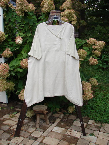 Barclay Linen Lace Blooming Tunic Dress Unpainted Wheat Size 2: A white dress with lace trim on the hem, three-quarter scallop-edged sleeves, and a cross-over neckline.