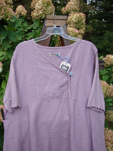 Barclay NWT Linen Lace Blooming Tunic Dress: Cross over neckline, empire waist seam, lace trim hem, scallop-edged sleeves, A-line shape, unpainted lavender.