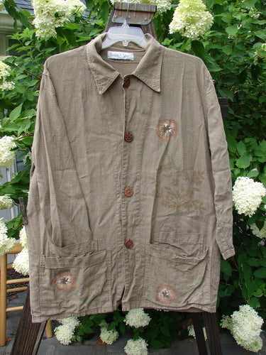 1998 Botanicals Herbary Jacket: Heavy Weight Linen, Ceramic Buttons, Rear Empire, Painted Pockets, Sectional Button and Neckline, Straight Shape, Fabulous Botanical Theme Paint. Bust 50, Waist 50, Hips 50, Length 32. Size 1.