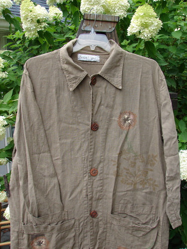 1998 Botanicals Herbary Jacket: Brown linen jacket with flower design. Original ceramic buttons, painted pockets, and botanical theme. Size 1.