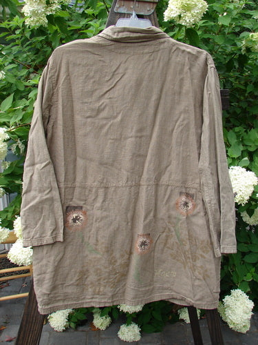 1998 Botanicals Herbary Jacket: Brown shirt with flowers, ceramic buttons, painted pockets. Straight shape, heavy linen. Size 1.