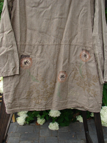 1998 Botanicals Herbary Jacket: Brown shirt with flowers, ceramic buttons, painted pockets, botanical theme. Size 1, 32" length.