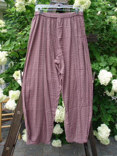 1998 Basket Weave Tencel Zoe Pant Unpainted Elderberry Size 1: A pair of pants on a clothes rack, with lacy accents and tapered lowers.
