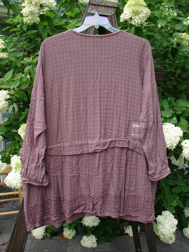 1998 Basket Weave Tencel Bi Level Top: Purple shirt on a swinger with lace verticals, pleated lowers, and Celtic theme paint. Size 2.
