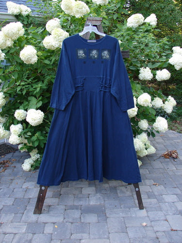 1997 Caryatid Dress Quad Art Window Pane Size 2: A vintage blue dress with adjustable front and rear laces. Features drop shoulders and a sweeping A-line lower.
