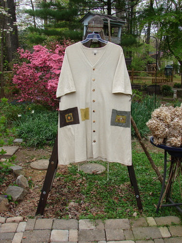2000 Cotton Hemp 3 Block Cardigan with Bee Hive design, featuring V neckline and 3 colorful front pockets. Size 2.