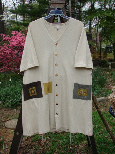 2000 Cotton Hemp 3 Block Cardigan with Bee Hive theme and painted front pockets. Size 2.