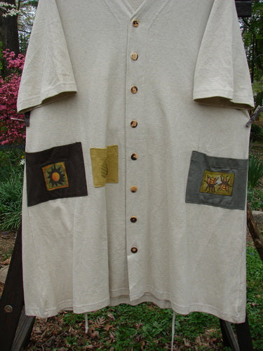 2000 Cotton Hemp 3 Block Cardigan with Bee Hive theme, V neckline, and 3 colorful front pockets. Size 2.