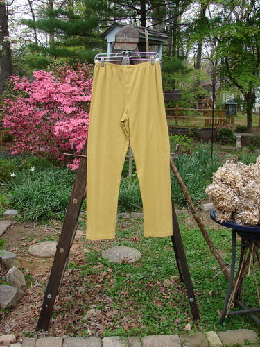 Barclay NWT Cotton Lycra Bally Layering Legging Unpainted Oil Yellow Size 2: A pair of pants on a rack, close-up of brown objects, yellow pants on a fence, close-up of a metal pole, close-up of a pink tree, pair of yellow pants on a rack.