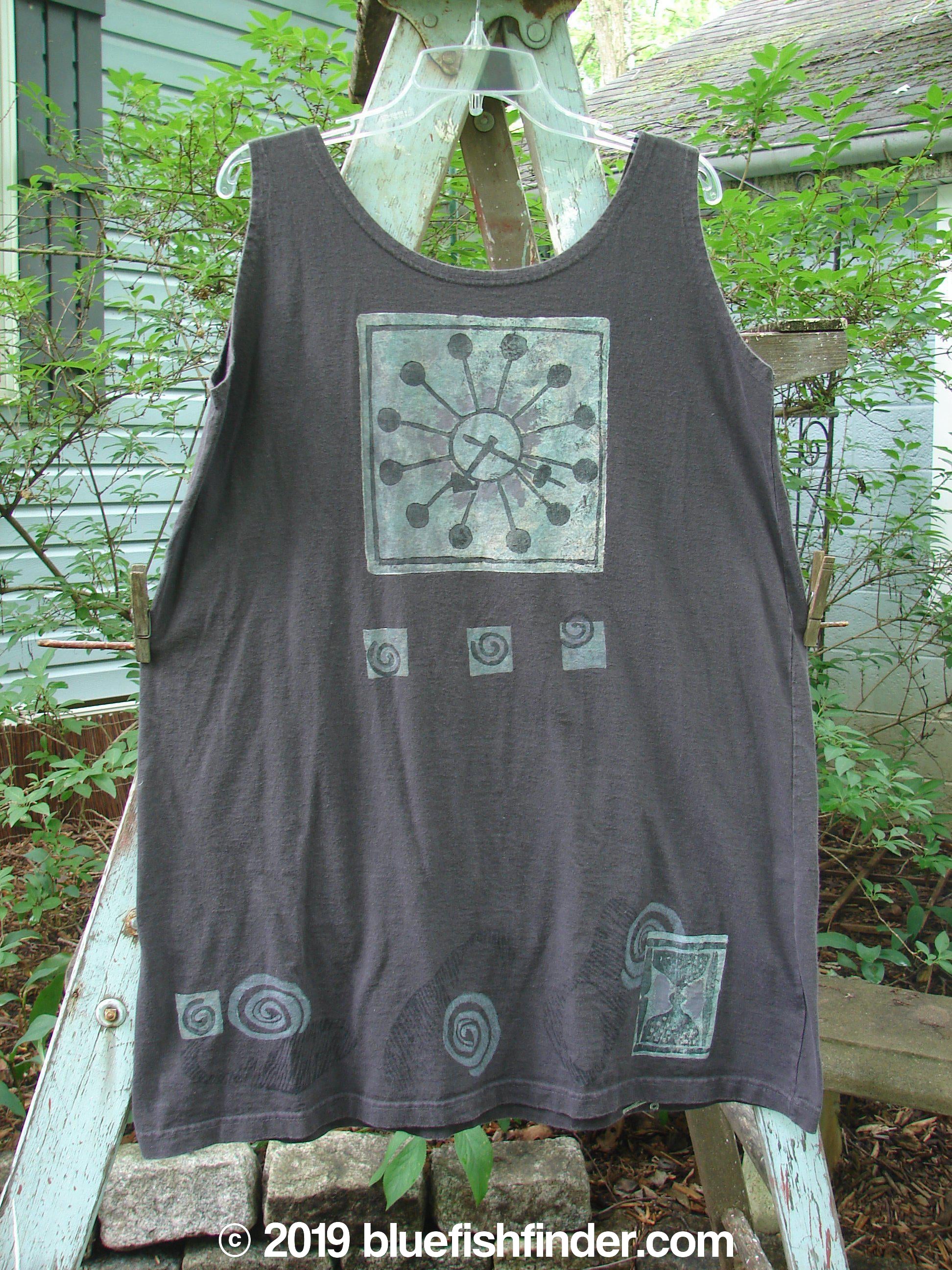 Image alt text: "1995 Sun Glint Tank with a square design on grey fabric, featuring a scoop neckline and Blue Fish patch"
