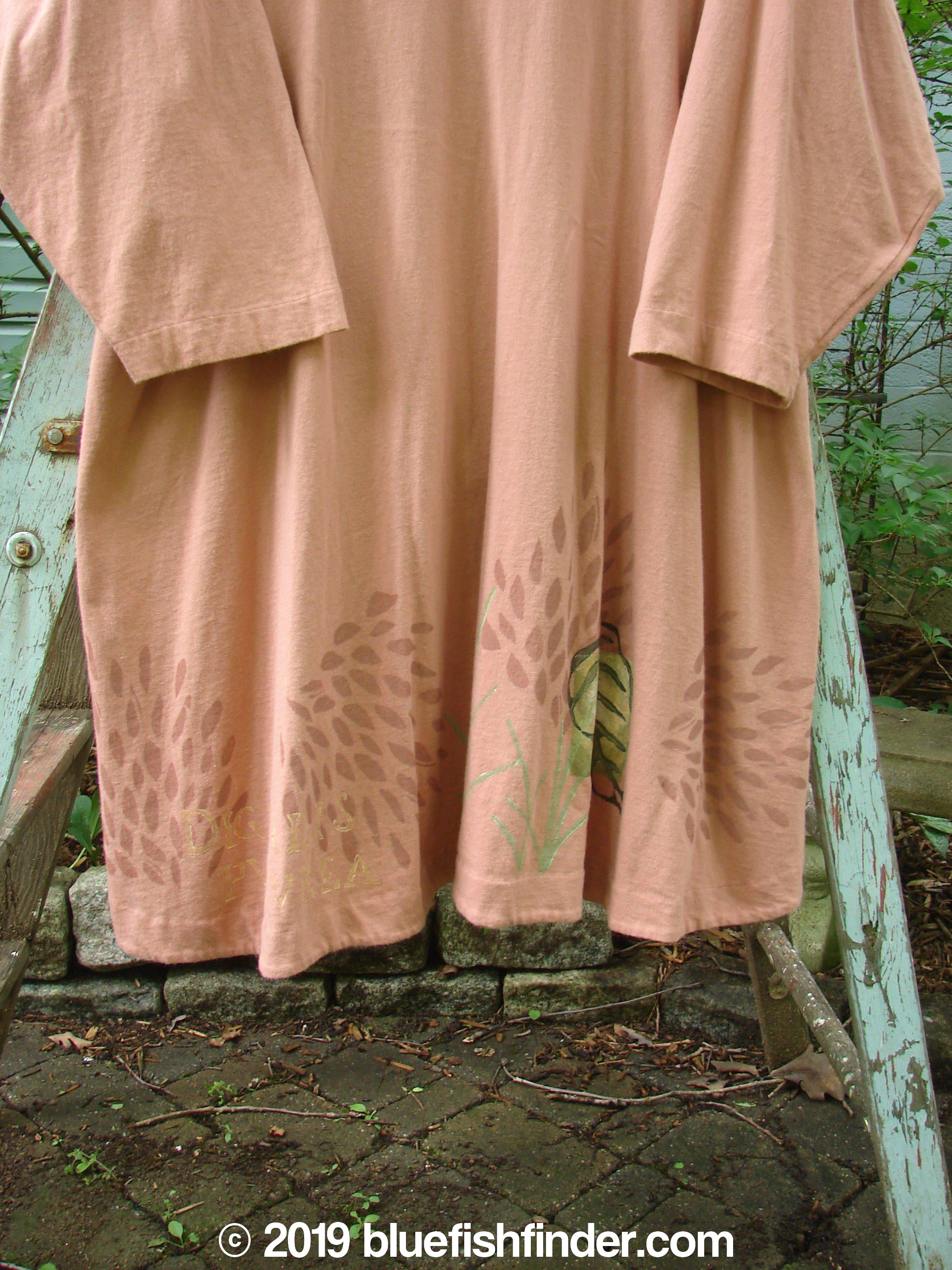 1998 Botanicals Bell Flower Top Magnolia Size 2: A pink shirt on a ladder, featuring a belled A-line shape, sectional panels, and a Blue Fish signature patch.