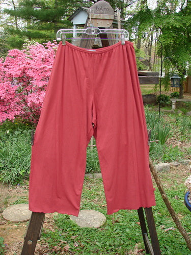 A pair of Barclay Crop Tiny Tab Pants in Ruby, size 2, on a rack. Made from medium weight cotton lycra. Features include a full elastic waistband, slightly narrowing lower, and lettuce-edged swinging lowers. Perfect condition.