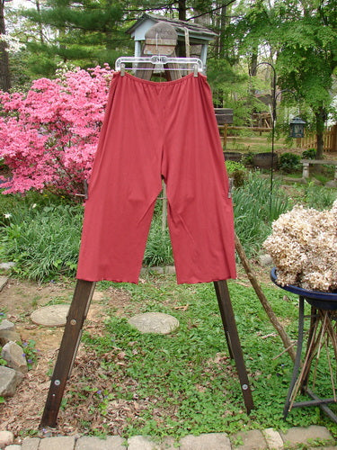 A pair of Barclay Crop Tiny Tab Pants in Ruby, size 2, on a clothesline. The pants feature a full elastic waistband, slightly narrowing lower, and lettuce-edged wider swinging lowers. They are made from a medium weight cotton lycra fabric and have a soft, forgiving feel. The inseam is 23 inches and the length is 35 inches.