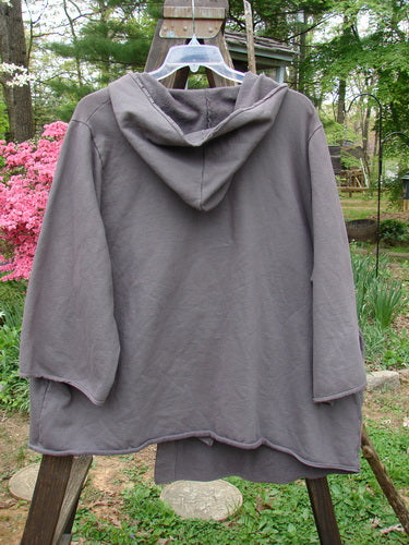 A grey hooded sweatshirt on a swinger, Barclay Interlock Single Button Hooded Jacket Unpainted Dust Plum Size 2. Cozy fleecy inner, wide longer sleeves, single cross over front button closure, and a drop wrap around side pocket.