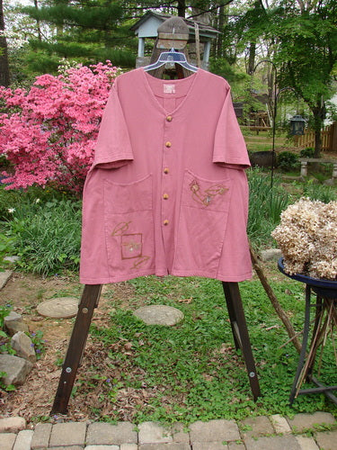 2000 Double Decker Pocket Top Garden Bug Rose Size 2: Pink shirt with swing silhouette, oversized front pockets, pleated back line, and garden bug theme paint.