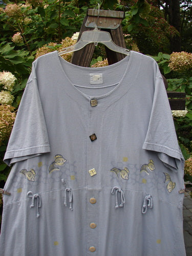 1999 Carry All Dress Goldfish Bluebell Size 2: A grey shirt with fish designs, featuring 8 blue fish buttons and a scoop neckline.