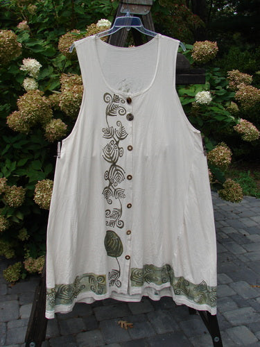 1993 Long Column Vest Feather Fern Tea Dye OSFA: A white vest with a feather and fern design, featuring wooden-like buttons.