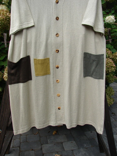 2000 Cotton Hemp 3 Block Cardigan Unpainted Dove Size 2: A white shirt with brown pockets, V neckline, and tri-colored accents.